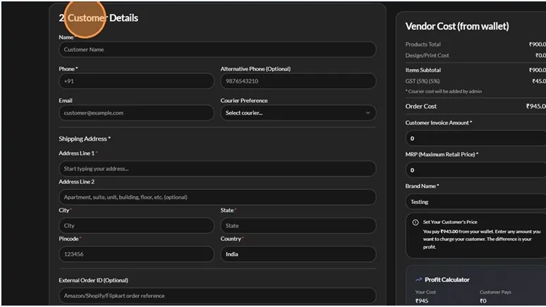 Fill in the customer details — PrintzyHub app screenshot