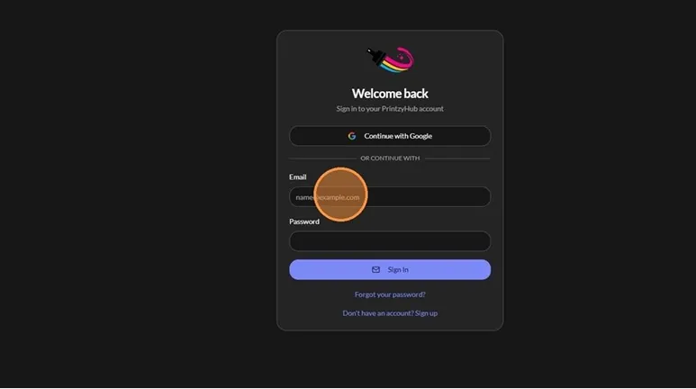Sign in with Continue with Google, or Sign Up with an email and password — PrintzyHub app screenshot