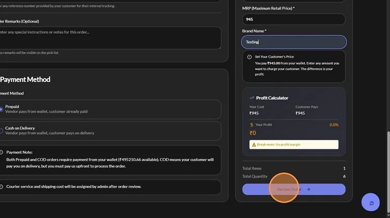 Click Review Order — PrintzyHub app screenshot