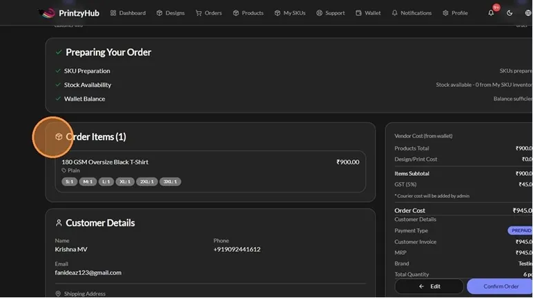 Order review and Confirm Order button — PrintzyHub app screenshot