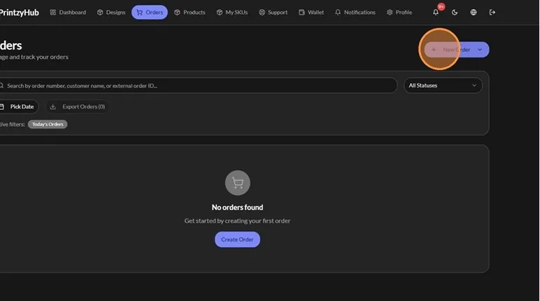 Click New Order — PrintzyHub app screenshot