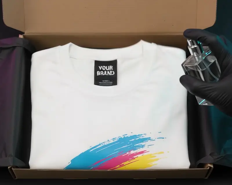 A PrintzyHub sample T-shirt with your brand label and tag being packed into a branded box